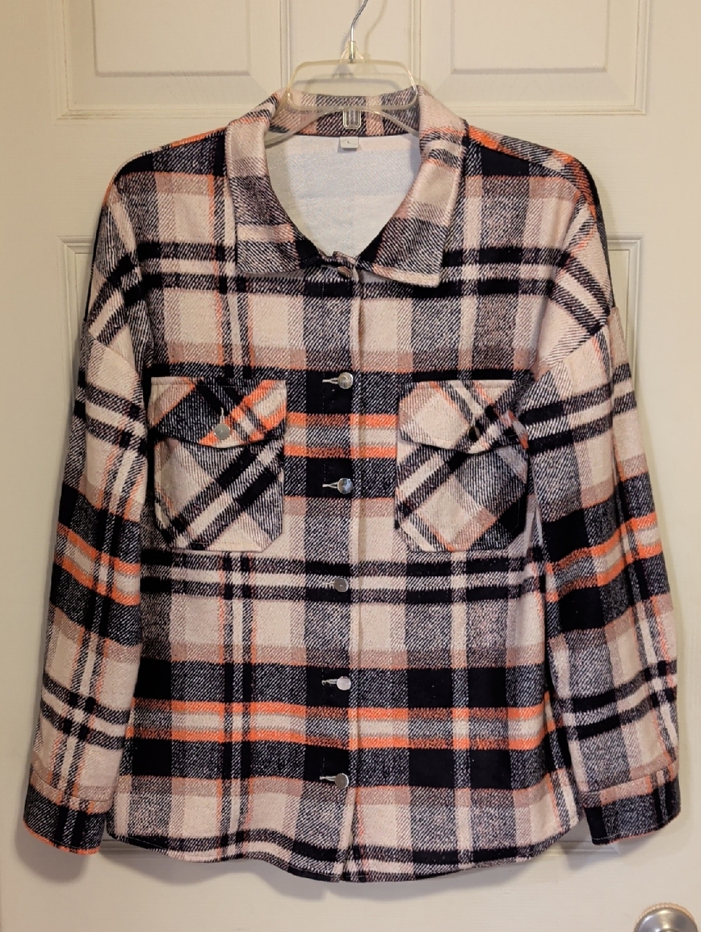Women's Plaid Button-Up Shacket in Black, Cream & Orange Size Large